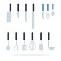 Set of knives, cutlery items and kitchen tools in a row