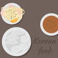 Set of korean food flat design elements. Asian street food menu. Traditional dish dumplings and noodle.