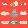 Set of korean food flat design elements. Asian street food menu. Traditional dish kimchi, dumplings, noodle and bibimbap