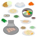 Set of korean food flat design elements. Asian street food menu. Traditional dish kimchi, dumplings, noodle and bibimbap