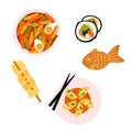 Set korean foods. Tteokbokki, gimbap, kkochi eamuk, bungeoppang and mandu. Asian cuisine dishes. Suitable for menus in