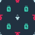 Set Krampus, heck, Scarecrow and Eye in jar on seamless pattern. Vector