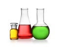 Set of lab with color liquids isolated on white. Solution chemistry Royalty Free Stock Photo