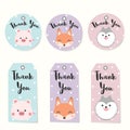 Set of Label Tags with animals character design. Thank you tags for wedding, birthday, baby shower, label, printable tags or