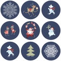 Set of labels with cute cartoon Santa Claus, polar bears, little raccoons, reindeer with a glass of champagne, snowman, snowflakes