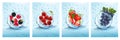 A set of labels with fruit and berry drinks. Fresh fruits and berries in water splashes and drops - strawberries, Royalty Free Stock Photo