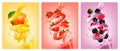 Set of labels of of fruit in juice splashes. Royalty Free Stock Photo
