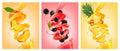 Set of labels of of fruit in juice splashes.