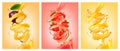 Set of labels of of fruit in juice splashes. Royalty Free Stock Photo