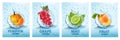 Set of labels with fruit and vegetables drink. Fresh fruits juice splashing together- apricot, grape, mint, limem pumpkin in water Royalty Free Stock Photo