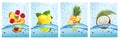 Set of labels with fruit and vegetables drink. Fresh fruits juice splashing together- citron, peach, pineapple, coconut in water Royalty Free Stock Photo