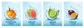 Set of labels with fruit and vegetables drink. Fresh fruits juice splashing together- papaya, passion fruit, mint, limem pumpkin Royalty Free Stock Photo