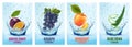 Set of labels with fruit and vegetables drink. Fresh fruits juice splashing together- passion fruit, grape, apricot, aloe vera in Royalty Free Stock Photo