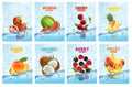 Set of labels with fruit and vegetables drink. Fresh fruits juice splashing together- peach, watermelon, cherry, raspberry, Royalty Free Stock Photo