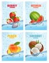 Set of labels with fruit and vegetables drink. Fresh fruits juice splashing together- peach, watermelon, strawberry in water drink Royalty Free Stock Photo