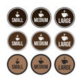 Set of labels, gradation of size cups of coffee. Small, medium, large. Three options. Degree of sizes