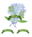 Set labels with hand-drawn lettering, months names of season year, Beautiful bouquet of forget-me-not flowers