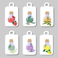 Set of labels with jars of oils for spa treatments. Lemon, eucalyptus, green tea and lavender oils, rose and olive oils. Royalty Free Stock Photo