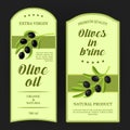 Set of labels for olive oil with black olives branches. Vector stickers used for advertising olives in brine.