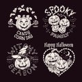 Set of 4 labels with pumpkins like human characters, sweets, candy, bones, bat, witch hat, text Royalty Free Stock Photo