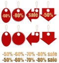 Set of labels on ropes with percent discounts.