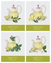 Set of labels or tags with elegant glass teapot, cup, green tea leaves, flowers, lemon, mint and jasmine. Collection of