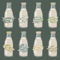 A set of labels for vegetable milk on glass bottles. Coconut, almonds, soy, walnut, rice, oatmeal, etc. Vector. A set of