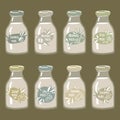 A set of labels for vegetable milk on glass bottles. Coconut, almonds, soy, walnut, rice, oatmeal, etc. Vector. A set of