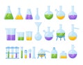 Set Of Laboratory Equipment Glass Flask, Beaker And Other Chemical And Medicine Measuring Glassware. Lab Testing Tools