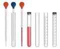 Set of laboratory equipment. Glass measuring tools and special dishes. Pipettes with a scale and a rubber bulb complete