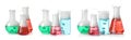 Set of laboratory flasks and beakers with colorful liquids on white background. Chemical reaction