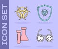 Set Laboratory glasses, Biohazard symbol, Test tube and flask chemical and Biohazard symbol on shield icon. Vector