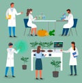 Set of laboratory workers, scientists exploring methods of growing natural bio plants, food