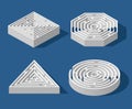 Set Labyrinth isometric game and maze fun puzzle isolated on blue background. Square, triangle, hexagon and circle