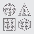 A set of labyrinths for children. A square, a circle, a hexagon, a triangle. A simple flat vector illustration isolated on a gray