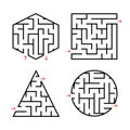 A set of labyrinths for children. A square, a circle, a hexagon, a triangle. Simple flat vector illustration isolated on white