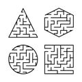 A set of labyrinths for children. A square, a circle, a hexagon, a triangle. Simple flat vector illustration isolated on white