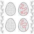 A set of labyrinths in the form of eggs. Black Stroke. A game for children. With the answer. Simple flat vector illustration isola