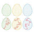 A set of labyrinths in the form of eggs. A stroke of different colors. A game for children. With the answer. Simple flat vector