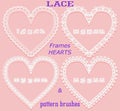 Set of lace frames in the form of a heart and corresponding pattern brushes on a pink background. Element for the design of weddin Royalty Free Stock Photo