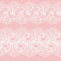 Set of lace seamless borders. White floral ribbons on pink background. Openwork element for design. Royalty Free Stock Photo