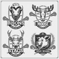 Set of lacrosse badges, labels and design elements. Sport club emblems with deer, bison, elk and wild boar. Print design for t-shi