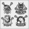 Set of lacrosse badges, labels and design elements. Sport club emblems with polar bear, bobcat, pitbulland owl. Print design for t