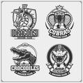 Set of lacrosse emblems, badges, logos and labels with cobra, crocodile and dragon.