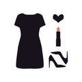 Set of ladies icon. Black simple dress, shoes, lipstick and heart. Women`s accessories. Fashion beauty illustration in vector