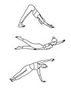 Set of ladies yoga poses in cartoon outline flat style. Meditation, pilates, mental health Royalty Free Stock Photo