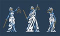 Set of Lady Justice. Themis, goddess of Greek mythology. Blind woman with scales and sword vector illustration Royalty Free Stock Photo