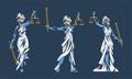 Set of Lady Justice. Themis, goddess of order and justic. Blind woman with scales and sword vector illustration