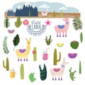 Set Lama Alpaca cacti drinks and decorative. Collection funny elements for decoration, vector, illustration, isolated