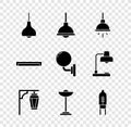Set Lamp hanging, Chandelier, Vintage street light, Floor lamp, Light emitting diode, Fluorescent and Wall sconce icon Royalty Free Stock Photo